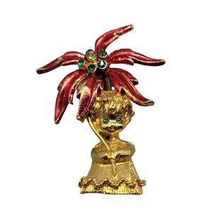 Mylu Christmas Brooch Girl Holding Poinsettia Rhinestones Red Enamel Gold Tone